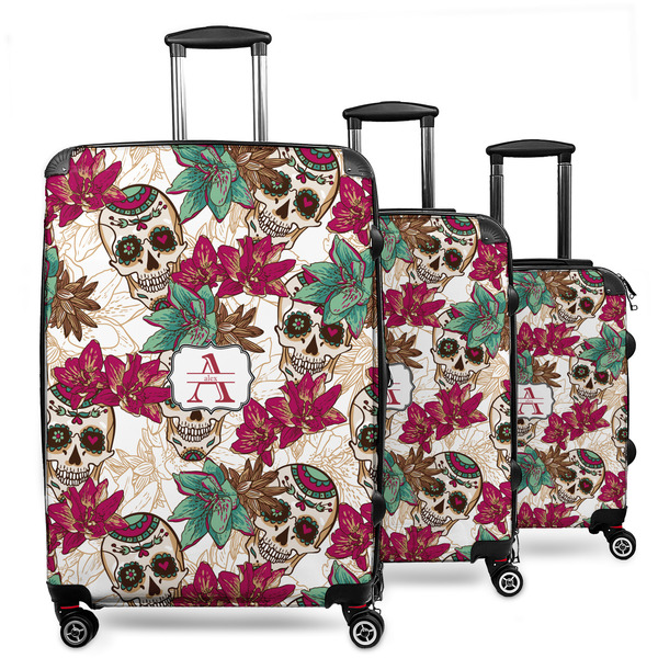 Custom Sugar Skulls & Flowers 3 Piece Luggage Set - 20" Carry On, 24" Medium Checked, 28" Large Checked (Personalized)
