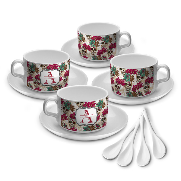 Custom Sugar Skulls & Flowers Tea Cup - Set of 4 (Personalized)