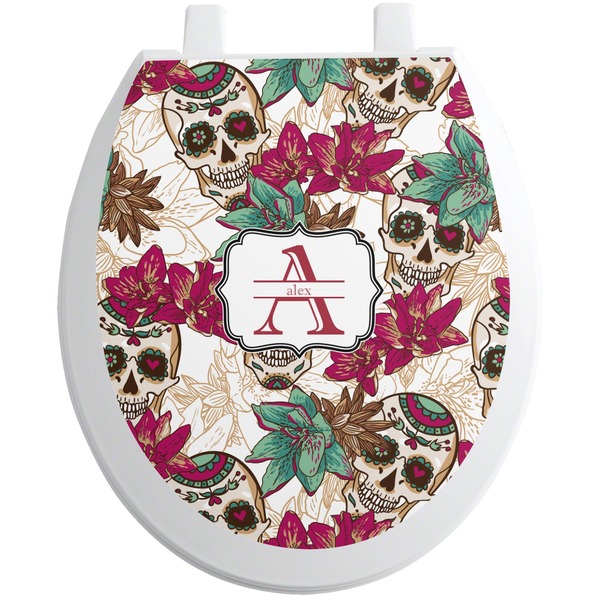 Custom Sugar Skulls & Flowers Toilet Seat Decal - Round (Personalized)