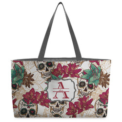 Sugar Skulls & Flowers Beach Totes Bag - w/ Black Handles (Personalized)