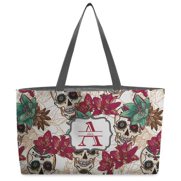 Custom Sugar Skulls & Flowers Beach Totes Bag - w/ Black Handles (Personalized)