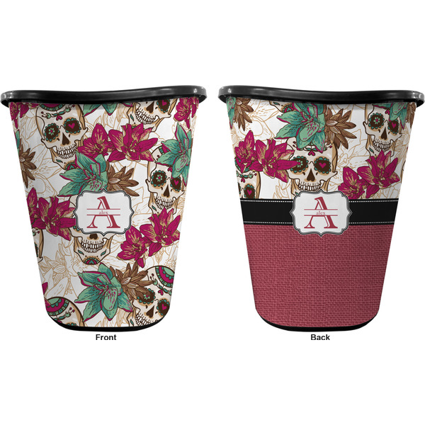Sugar Skulls & Flowers Trash Can Black - Front and Back - Apvl