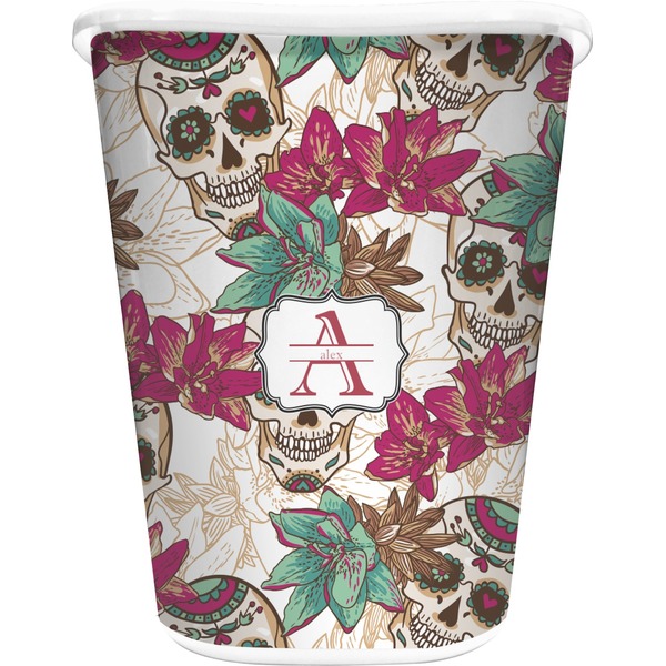 Custom Sugar Skulls & Flowers Waste Basket - Double Sided (White) (Personalized)