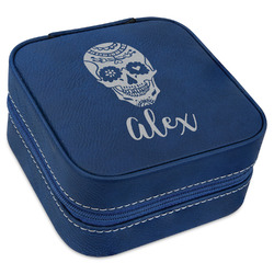 Sugar Skulls & Flowers Travel Jewelry Box - Navy Blue Leather (Personalized)