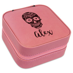 Sugar Skulls & Flowers Travel Jewelry Boxes - Pink Leather (Personalized)