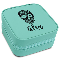 Sugar Skulls & Flowers Travel Jewelry Box - Teal Leather (Personalized)