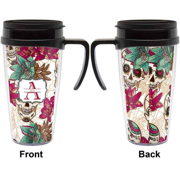 Sugar Skulls & Flowers Travel Mug with Black Handle - Approval