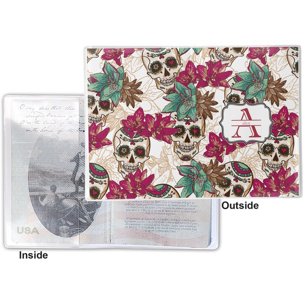 Sugar Skulls & Flowers Vinyl Passport Holder - Flat Front and Back