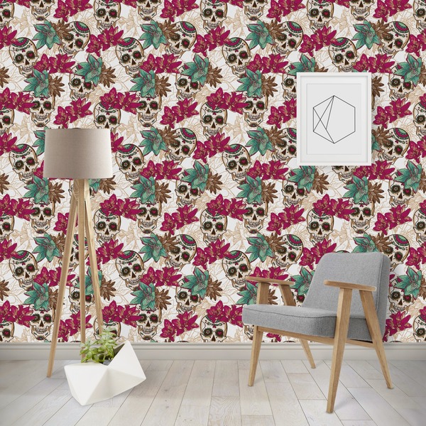 Custom Sugar Skulls & Flowers Wallpaper & Surface Covering (Water Activated - Removable)