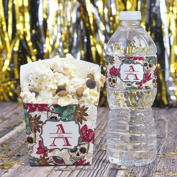 Sugar Skulls & Flowers Water Bottle Label - w/ Favor Box