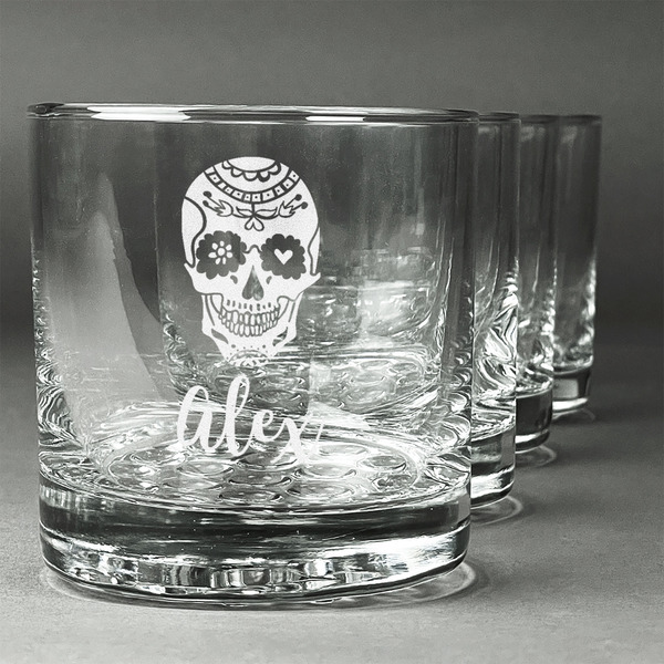 Custom Sugar Skulls & Flowers Whiskey Glasses (Set of 4) (Personalized)