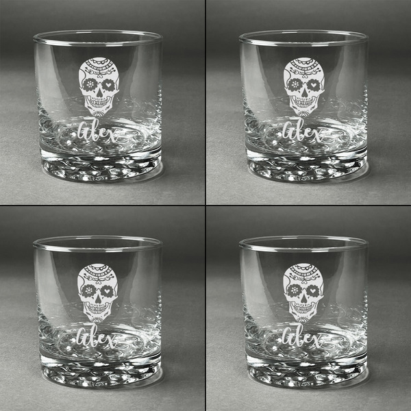 Sugar Skulls & Flowers Whiskey Glasses - Set of 4 all Engraved