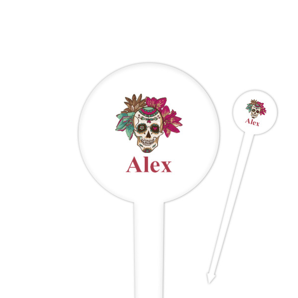 Custom Sugar Skulls & Flowers 4" Round Plastic Food Picks - White - Single Sided (Personalized)