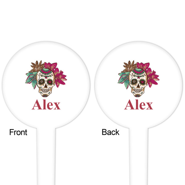 Sugar Skulls & Flowers White Plastic 4" Food Pick - Round - Double Sided - Front & Back