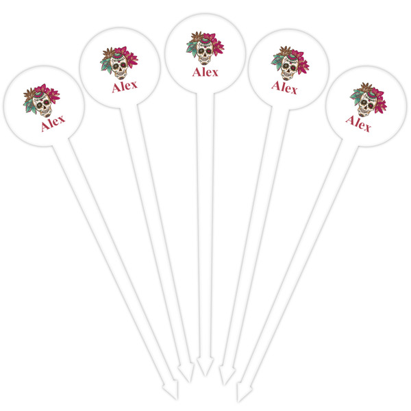 Sugar Skulls & Flowers White Plastic 4" Food Pick - Round - Fan View