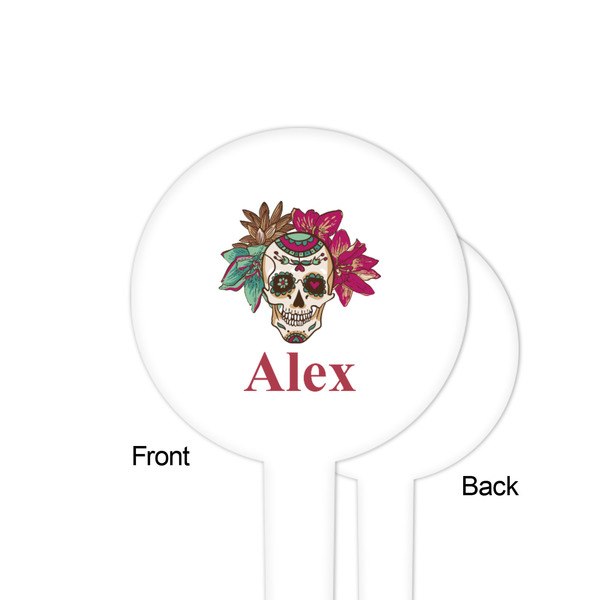 Sugar Skulls & Flowers White Plastic 4" Food Pick - Round - Single Sided - Front & Back
