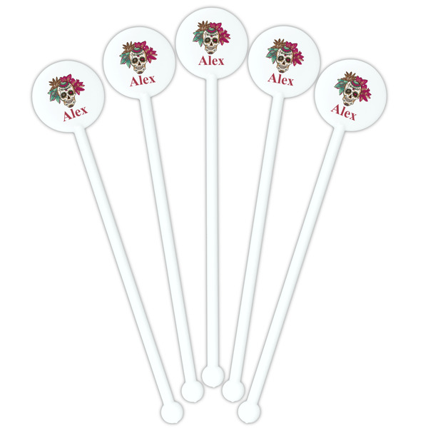 Sugar Skulls & Flowers White Plastic 5.5" Stir Stick - Fan View