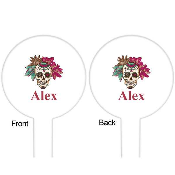 Sugar Skulls & Flowers White Plastic 6" Food Pick - Round - Double Sided - Front & Back