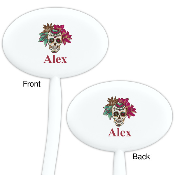 Sugar Skulls & Flowers White Plastic 7" Stir Stick - Double Sided - Oval - Front & Back
