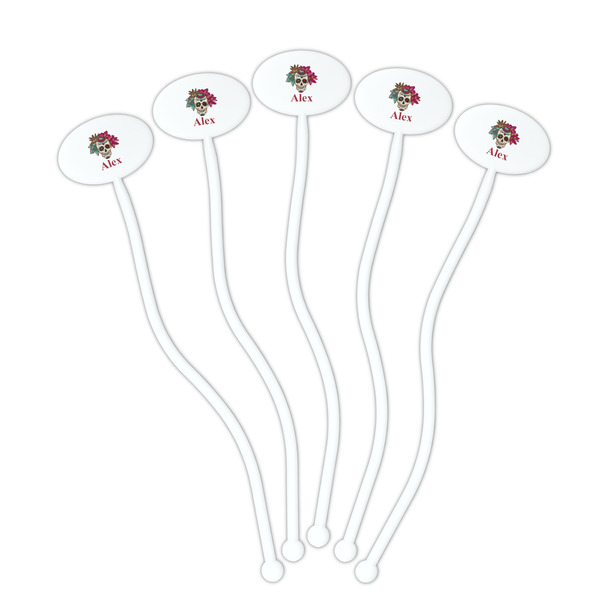 Sugar Skulls & Flowers White Plastic 7" Stir Stick - Oval - Fan