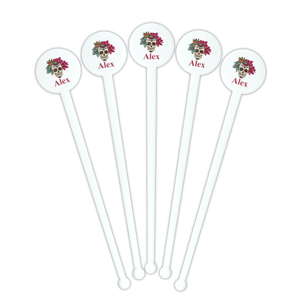 Sugar Skulls & Flowers White Plastic 7" Stir Stick - Round - Fan View