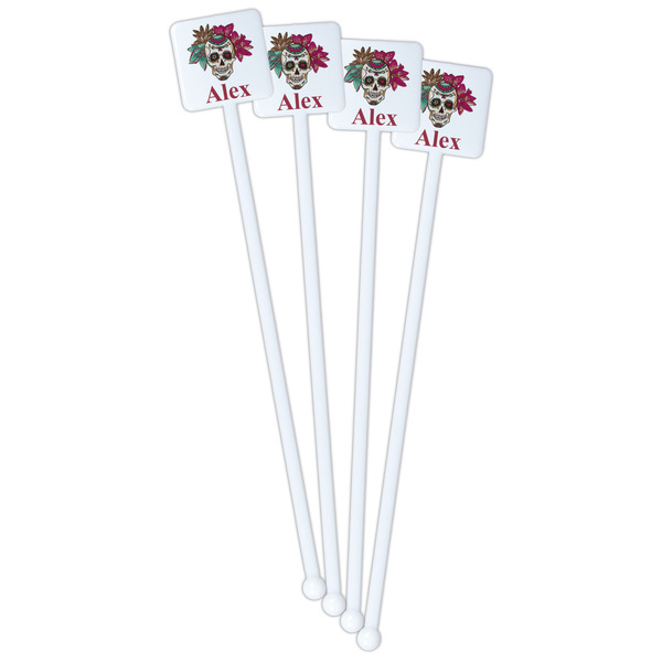 Sugar Skulls & Flowers White Plastic Stir Stick - Single Sided - Square - Front