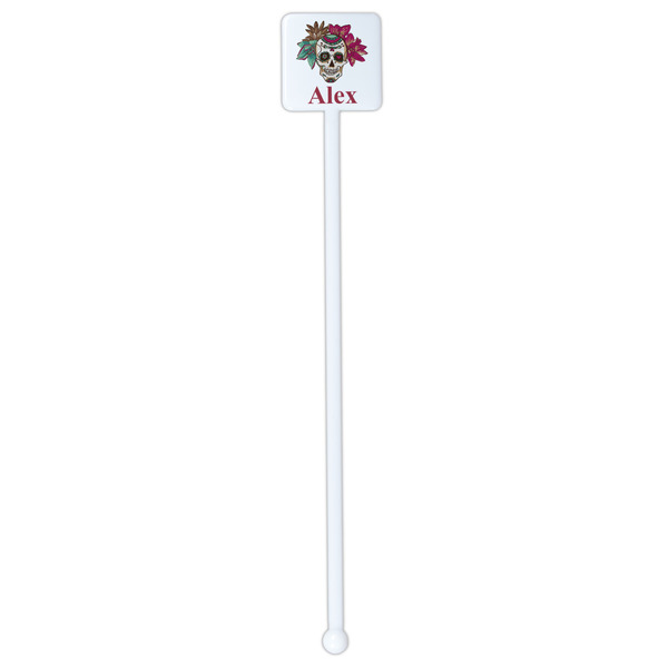 Sugar Skulls & Flowers White Plastic Stir Stick - Single Sided - Square - Single Stick