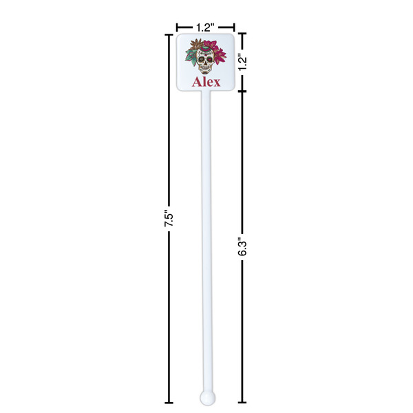 Sugar Skulls & Flowers White Plastic Stir Stick - Square - Dimensions