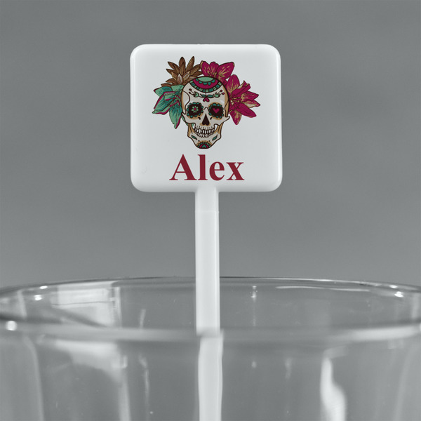 Sugar Skulls & Flowers White Plastic Stir Stick - Square - Main