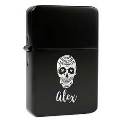 Sugar Skulls & Flowers Windproof Lighter - Black - Double Sided & Lid Engraved (Personalized)