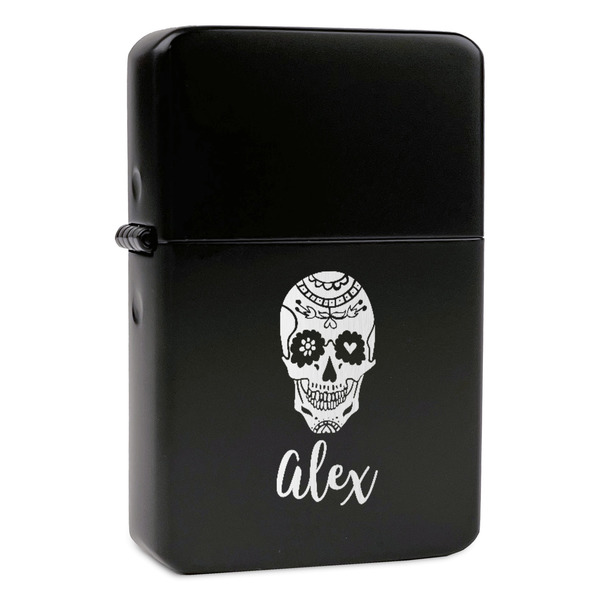 Custom Sugar Skulls & Flowers Windproof Lighter - Black - Single Sided & Lid Engraved (Personalized)