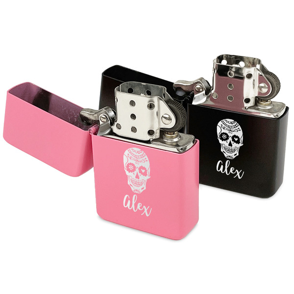 Sugar Skulls & Flowers Windproof Lighters - Black & Pink - Open