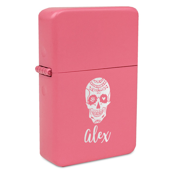 Custom Sugar Skulls & Flowers Windproof Lighter - Pink - Double Sided (Personalized)