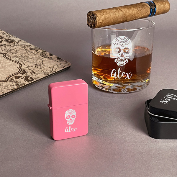Sugar Skulls & Flowers Windproof Lighters - Pink - In Context
