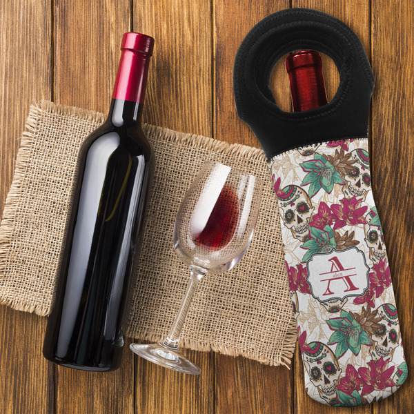 Sugar Skulls & Flowers Wine Tote Bag - FLATLAY