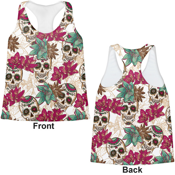 Sugar Skulls & Flowers Womens Racerback Tank Tops - Medium - Front and Back