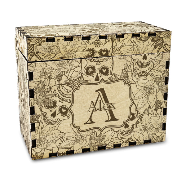Custom Sugar Skulls & Flowers Wood Recipe Box - Laser Engraved (Personalized)