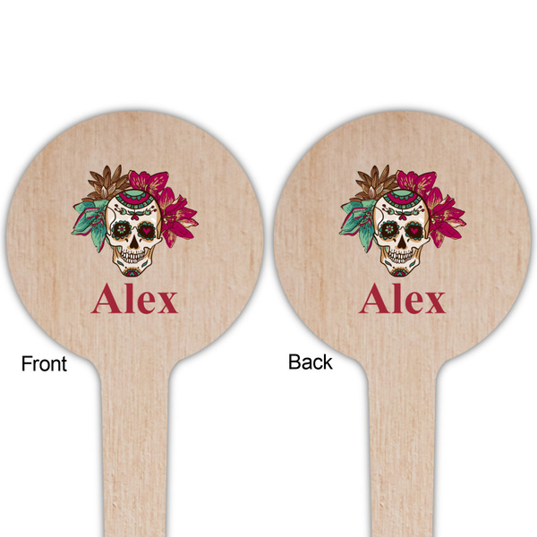 Sugar Skulls & Flowers Wooden 4" Food Pick - Round - Double Sided - Front & Back
