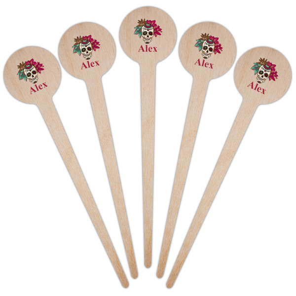 Sugar Skulls & Flowers Wooden 4" Food Pick - Round - Fan View