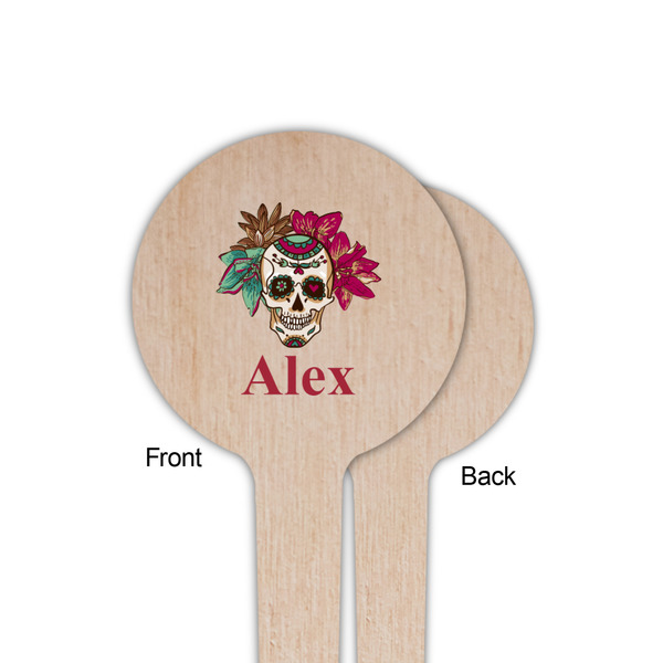 Sugar Skulls & Flowers Wooden 4" Food Pick - Round - Single Sided - Front & Back