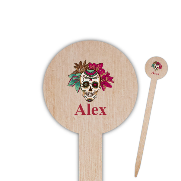 Custom Sugar Skulls & Flowers 6" Round Wooden Food Picks - Double Sided (Personalized)