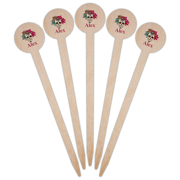 Sugar Skulls & Flowers Wooden 6" Food Pick - Round - Fan View