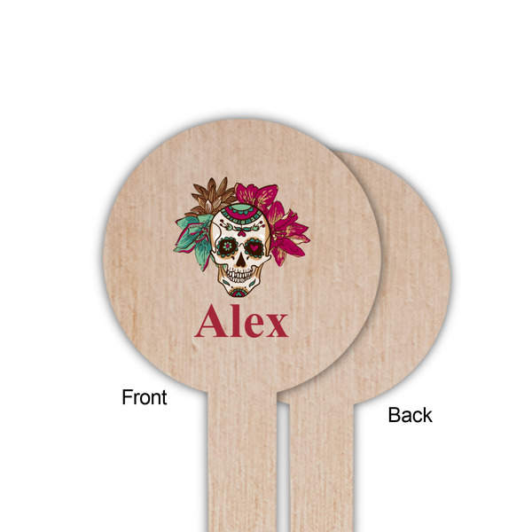Sugar Skulls & Flowers Wooden 6" Food Pick - Round - Single Sided - Front & Back