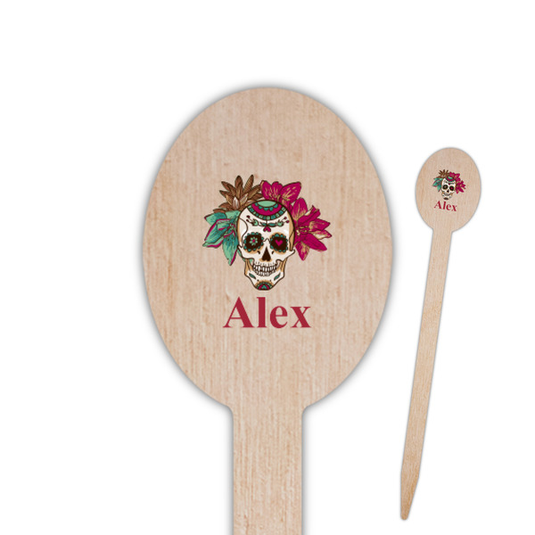 Custom Sugar Skulls & Flowers Oval Wooden Food Picks - Single Sided (Personalized)