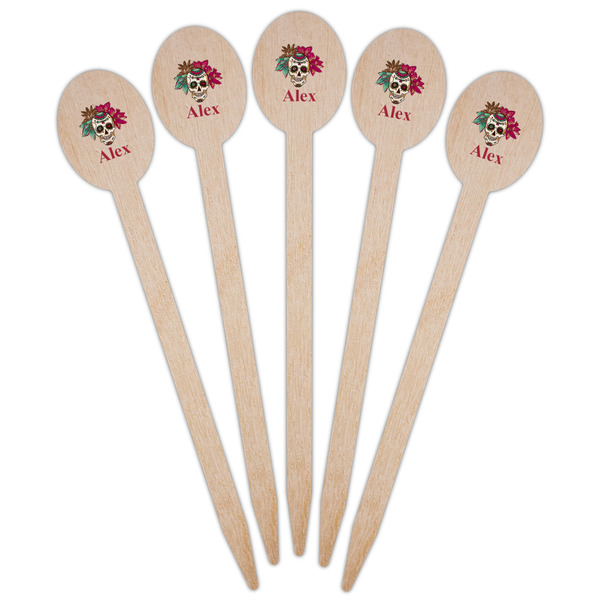 Sugar Skulls & Flowers Wooden Food Pick - Oval - Fan View