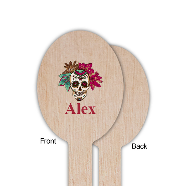 Sugar Skulls & Flowers Wooden Food Pick - Oval - Single Sided - Front & Back