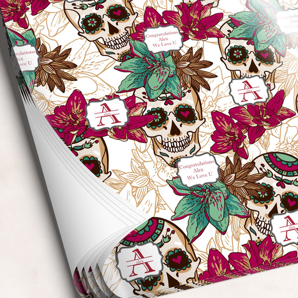 Custom Sugar Skulls & Flowers Wrapping Paper Sheets - Single-Sided - 20" x 28" (Personalized)