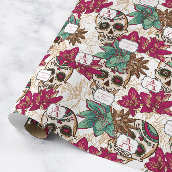 Custom Sugar Skulls & Flowers Wrapping Paper Roll - Medium - Matte (Personalized)