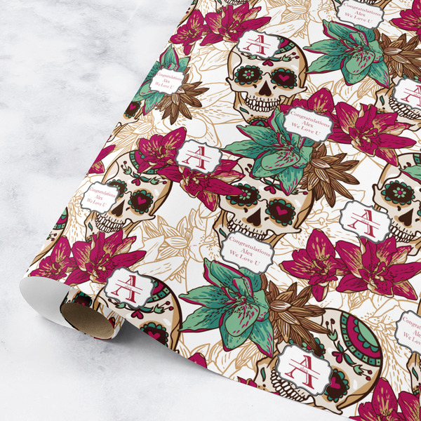 Custom Sugar Skulls & Flowers Wrapping Paper Roll - Medium (Personalized)