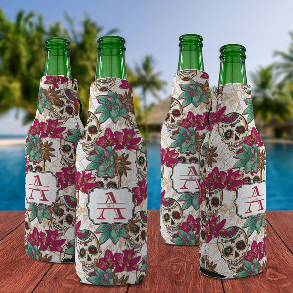 Sugar Skulls & Flowers Zipper Bottle Cooler - Set of 4 - LIFESTYLE